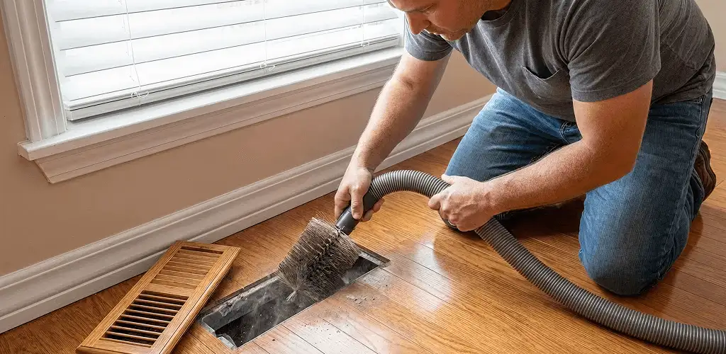 Air duct cleaning technician vacuuming a floor vent and duct opening in Providence, RI