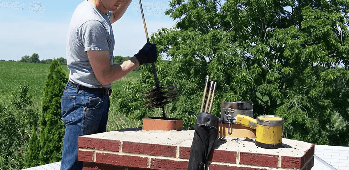 Chimney cleaning technician working on a rooftop chimney with professional tools in Providence, RI