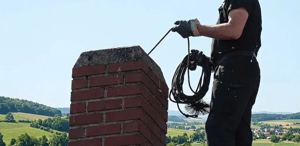 Chimney sweep inspecting and cleaning a rooftop chimney in Providence, RI