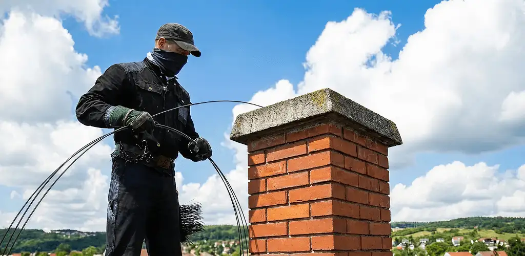 Chimney sweep cleaning a brick chimney with professional tools in Providence, RI