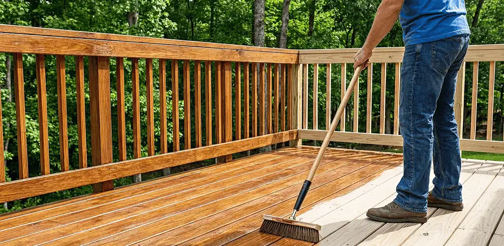 Deck staining and sealing application on a wood deck in Providence, RI