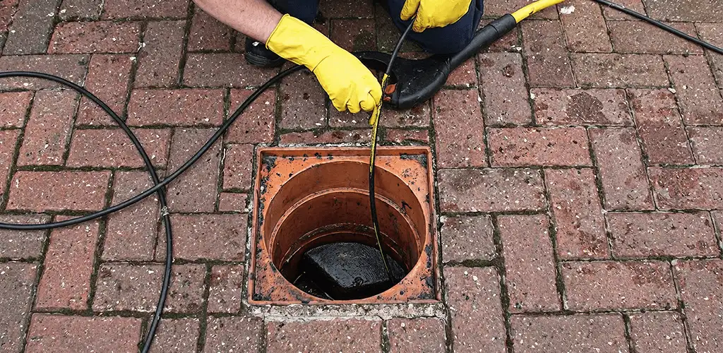 Drain cleaning technician using a drain snake to clear a clogged drain in Providence, RI