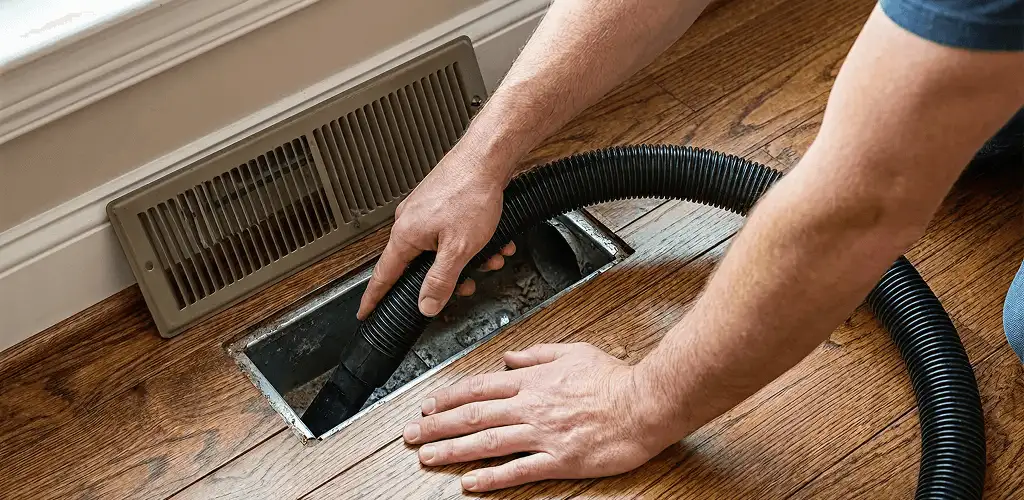 Air duct cleaning technician vacuuming a floor register and duct opening in Providence, RI