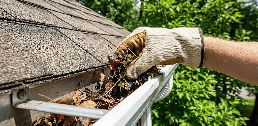 Gutter cleaning removing leaves and debris from roof gutters in Providence, RI