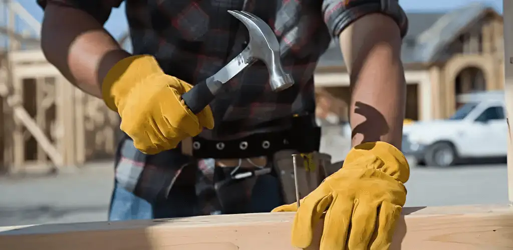 Handyman fixing wood trim with a hammer for home repairs in Providence, RI