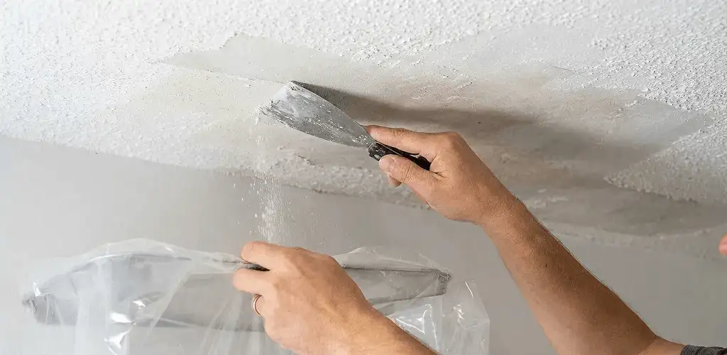 Popcorn ceiling removal technician scraping texture from a ceiling in Providence, RI