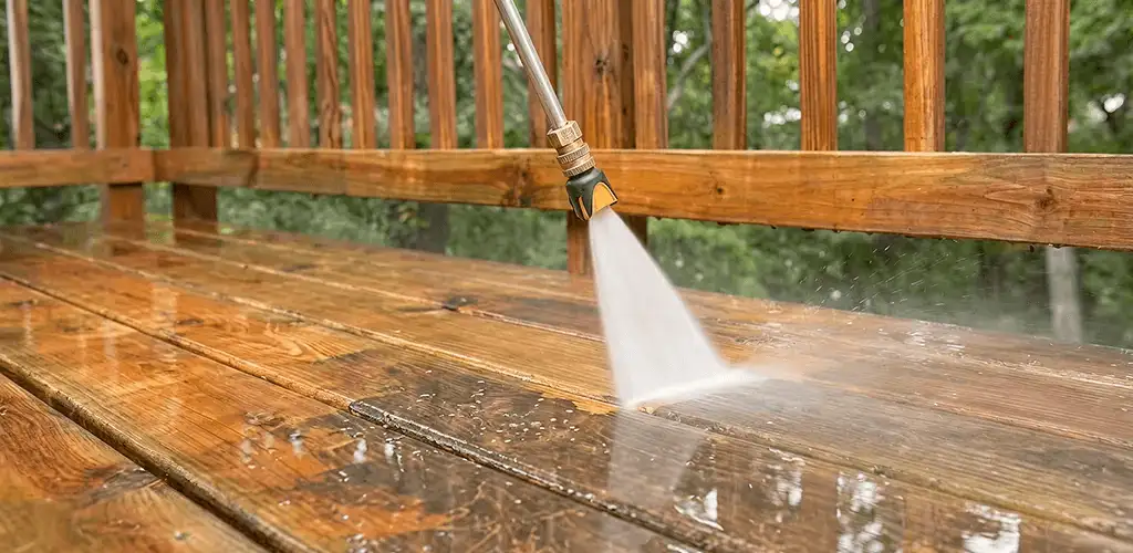 Pressure washing a wood deck to remove dirt and buildup in Providence, RI