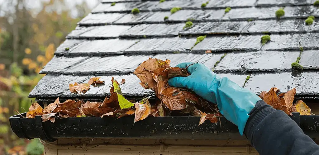 Gutter cleaning technician clearing wet leaves from roof gutters in Providence, RI