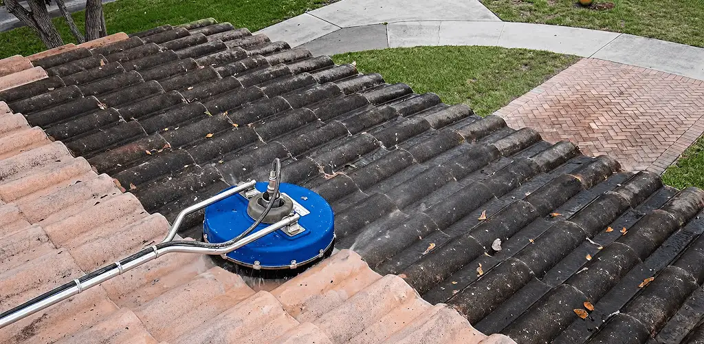 Roof pressure cleaning removing debris and buildup from roof tiles in Providence, RI
