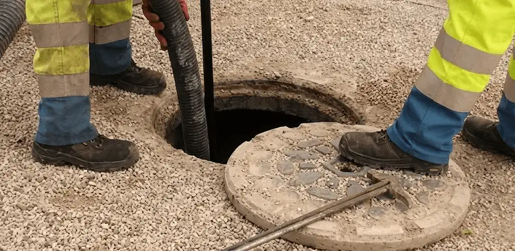 Drain cleaning crew clearing a sewer access point with professional equipment in Providence, RI