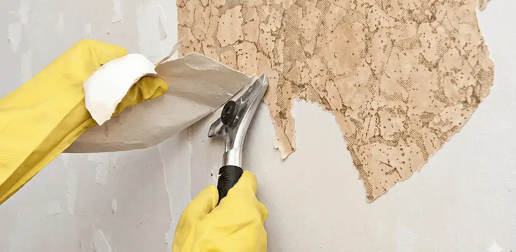 Wallpaper removal service stripping old wallpaper from a wall in Providence, RI