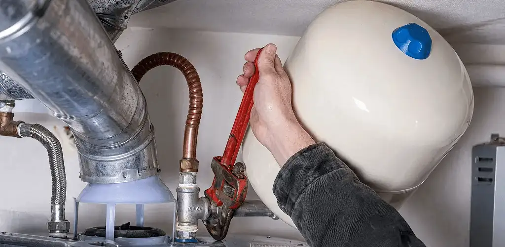 Water heater repair technician tightening plumbing connections near a tank unit in Providence, RI